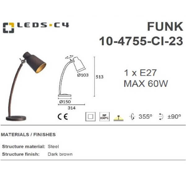 LEDS.C4 FUNK 10-4755-CI-23 IP20 1 x E27 MAX 60W Table Lamp-Home Decore-DELIGHT OptoElectronics Pte. Ltd