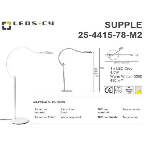 LEDS.C4 SUPPLE 25-4415-78-M2 IP20 4.5W 1 x LED Cree. Warm White - 3000K Floor Lamp-Home Decore-DELIGHT OptoElectronics Pte. Ltd