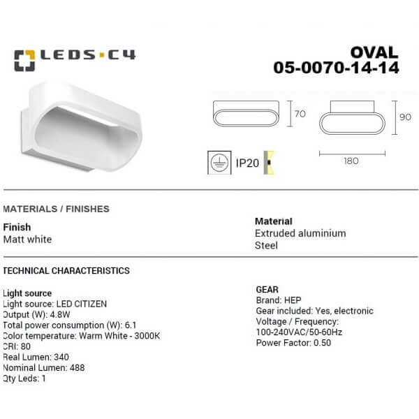 LEDS.C4 OVAL 05-0070-14-14/OVAL 05-0070-S2-14 1x LED Citizen 4.8W Warm White 3000K Wall Light-Home Decore-DELIGHT OptoElectronics Pte. Ltd