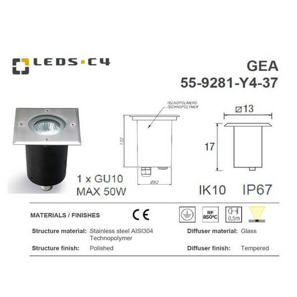 LEDS.C4 GEA 55-9281-Y4-37 IP67 IK10 1 x GU10 MAX 50W LED Inground Light-Fixture-DELIGHT OptoElectronics Pte. Ltd