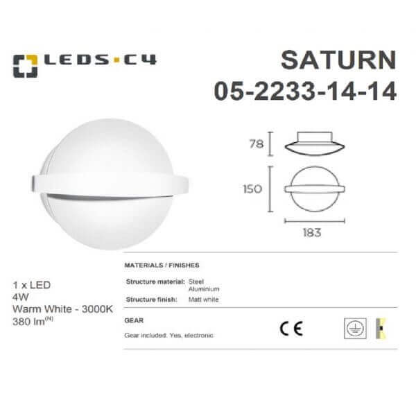 LEDS.C4 SATURN 05-2233-14-14 IP23 4W Warm White - 3000K Wall Light-Home Decore-DELIGHT OptoElectronics Pte. Ltd