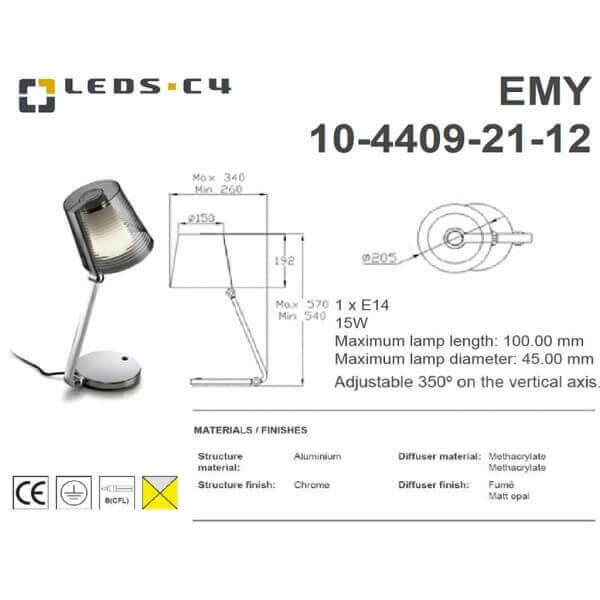 LEDS.C4 EMY 10-4409-21-12 IP20 1 x E14 15W Table Lamp-Home Decore-DELIGHT OptoElectronics Pte. Ltd