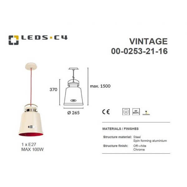 LEDS.C4 VINTAGE 00-0253-21-16 IP20 1 x E27 max.100W Pendant Ceiling Light-Home Decore-DELIGHT OptoElectronics Pte. Ltd