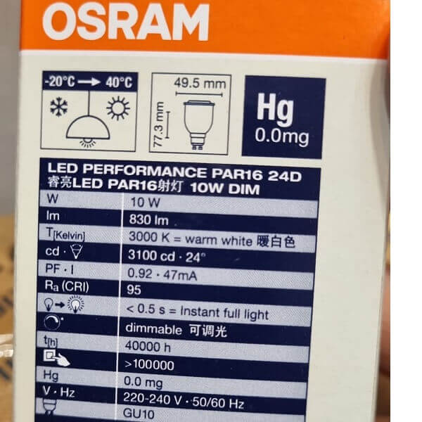 OSRAM LED Performance 10W 3000K 24D 230V GU10 Dimmable Bulb - DELIGHT OptoElectronics Pte. Ltd