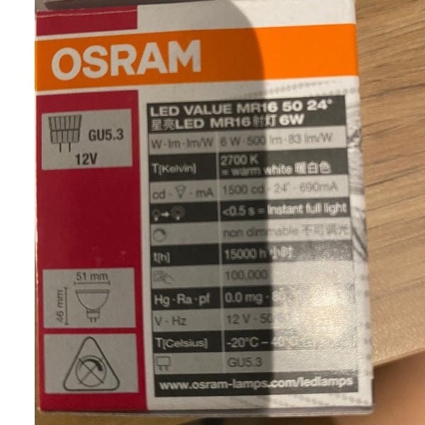 Osram LED Value MR16 GU5.3 Non Dim LED Bulb / 6W /2700K/24D - DELIGHT OptoElectronics Pte. Ltd