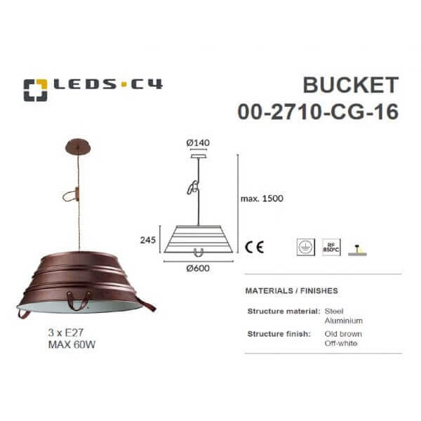 LEDS.C4 BUCKET 00-2709-CG-16/BUCKET 00-2710-CG-16 IP20 Pendant Ceiling Light-Home Decore-DELIGHT OptoElectronics Pte. Ltd