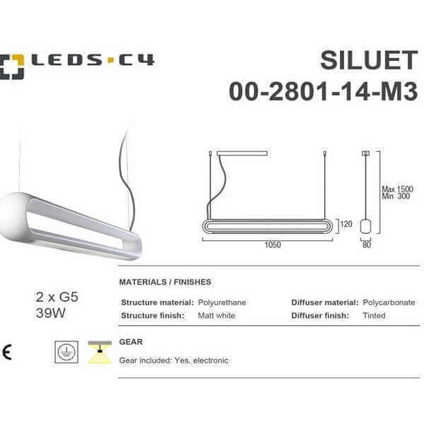 LEDS.C4 SILUET 00-2801-14-M3 IP20 2 x G5 39W Hanging Light-Home Decore-DELIGHT OptoElectronics Pte. Ltd