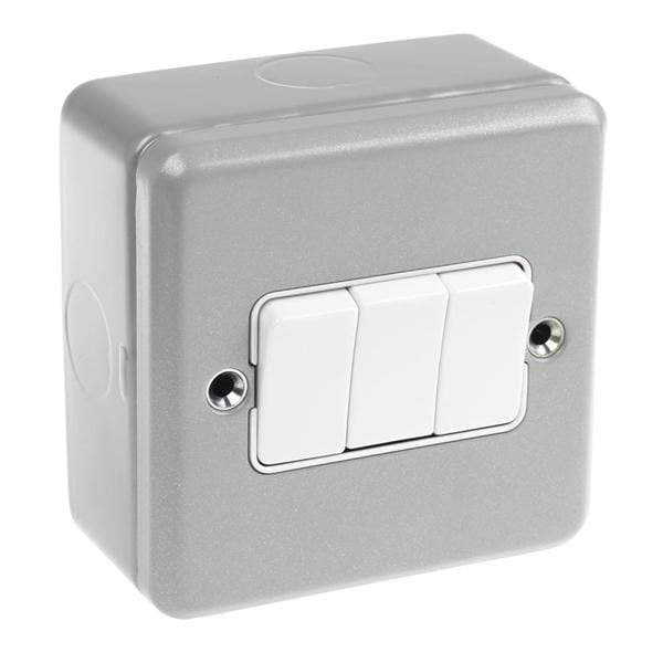 R1 Electrical Supplies 3 Gang MK Electric Silver 10A Surface Mount Rocker Light Switch