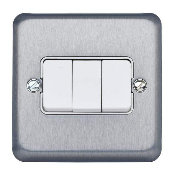 R1 Electrical Supplies Brushed Chrome / 3 Gang MK Electric Albany Plus 10A Flush Mount Plate Light Switch